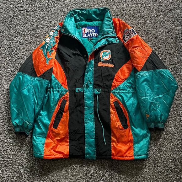 VTG 90s Miami Dolphins Pro Player Puffer Jacket Parka Coat Full Zip Sz L NFL - Picture 1 of 10
